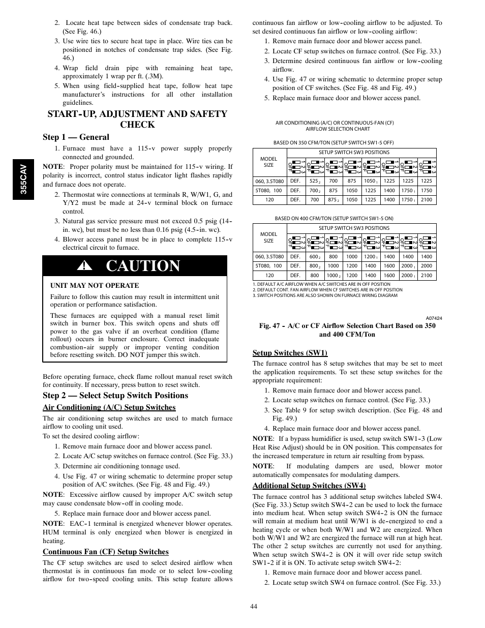 Caution, Start--up, adjustment and safety check, Step 1 — general | Step 2 — select setup switch positions | Bryant 355CAV User Manual | Page 44 / 62