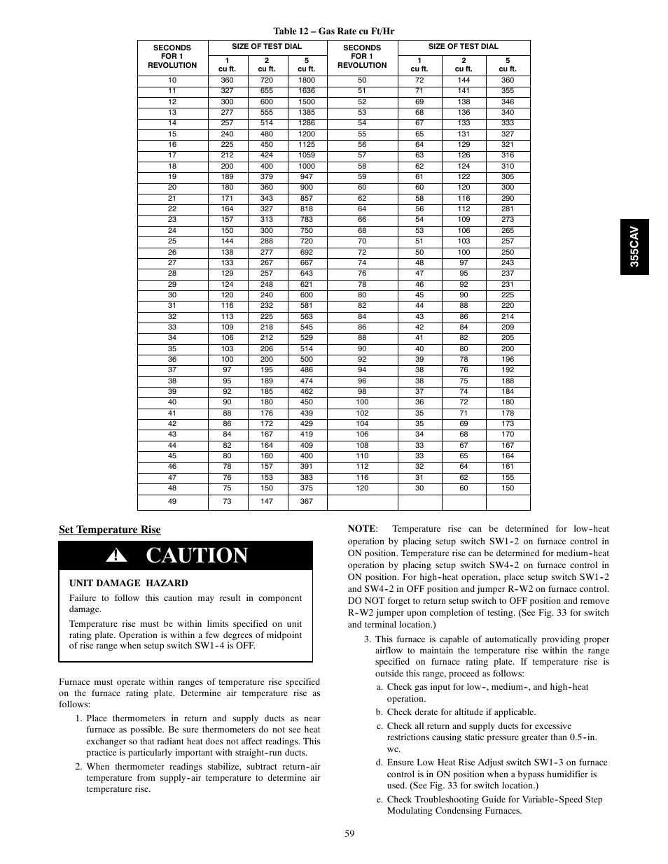 Caution, Set temperature rise | Bryant 355CAV User Manual | Page 59 / 62
