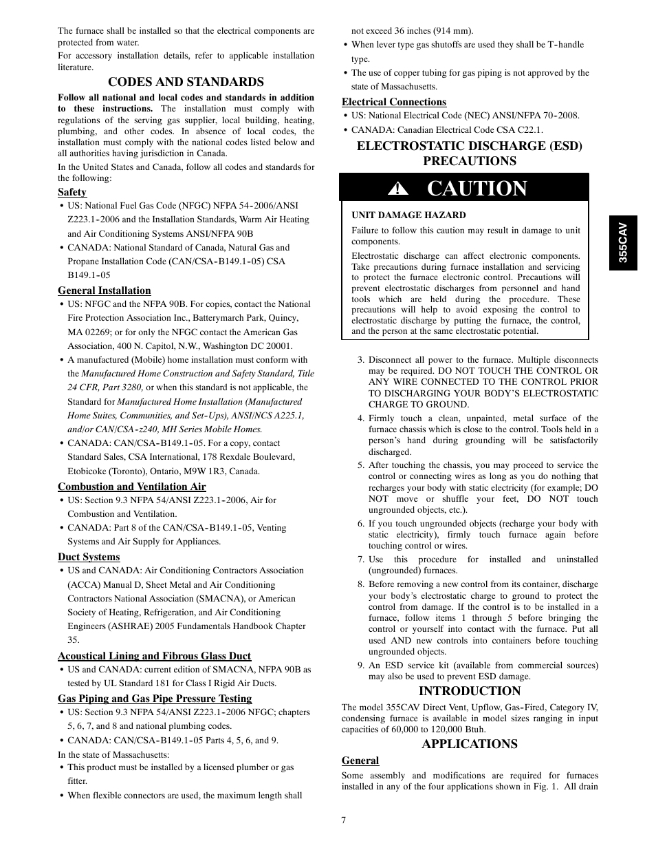Caution, Codes and standards, Electrostatic discharge (esd) precautions | Introduction, Applications | Bryant 355CAV User Manual | Page 7 / 62