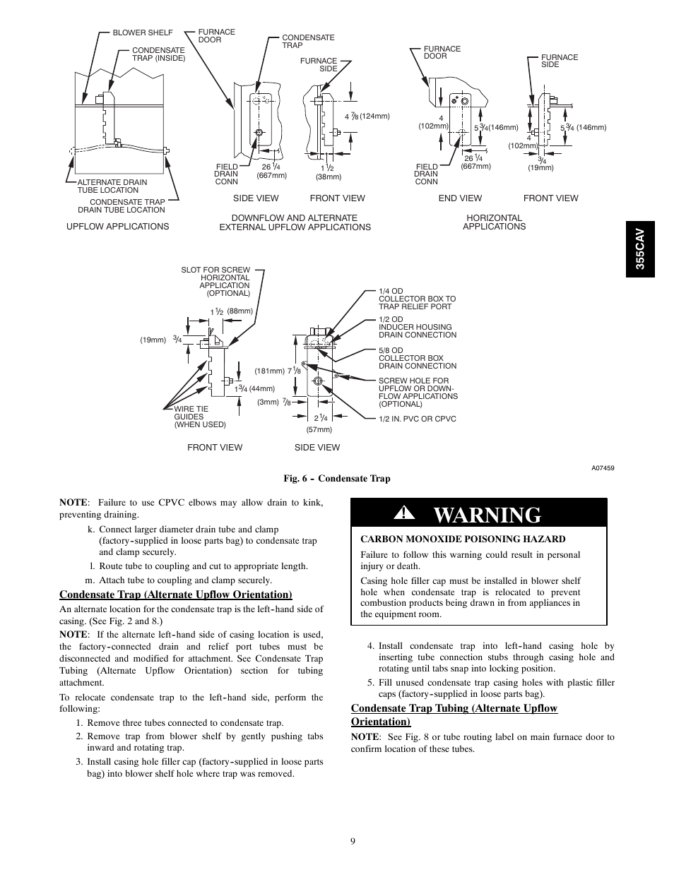 Warning, Condensate trap (alternate upflow orientation) | Bryant 355CAV User Manual | Page 9 / 62