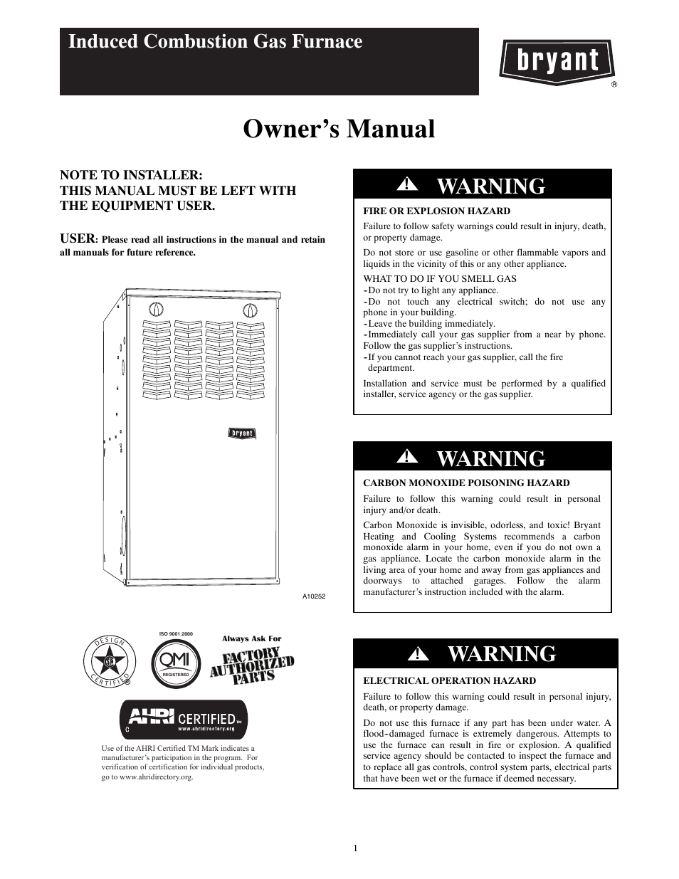 Bryant A10252 User Manual | 10 pages