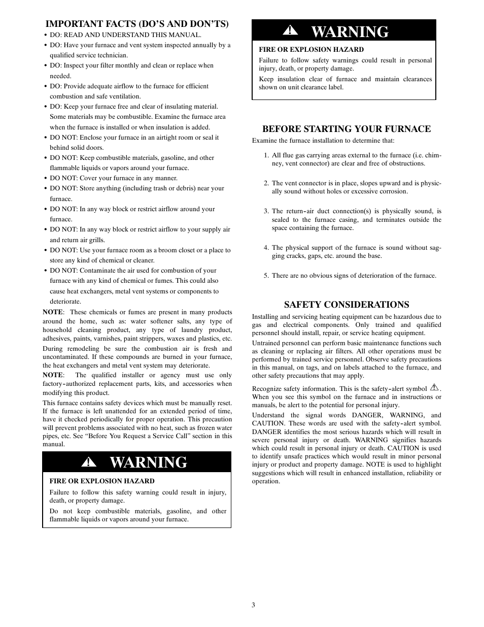 Warning, Important facts (do’s and don’ts), Before starting your furnace | Safety considerations | Bryant A10252 User Manual | Page 3 / 10