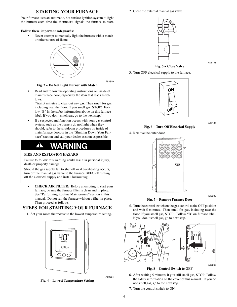 Warning, Starting your furnace, Steps for starting your furnace | Bryant A10252 User Manual | Page 4 / 10