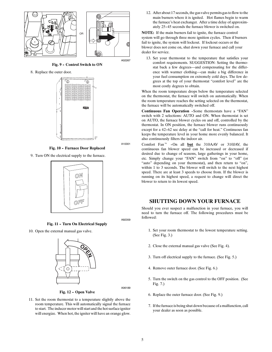 Op en, Shutting down your furnace | Bryant A10252 User Manual | Page 5 / 10