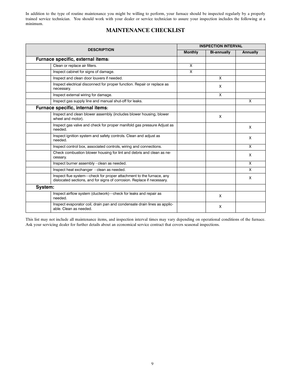 Maintenance checklist | Bryant A10252 User Manual | Page 9 / 10