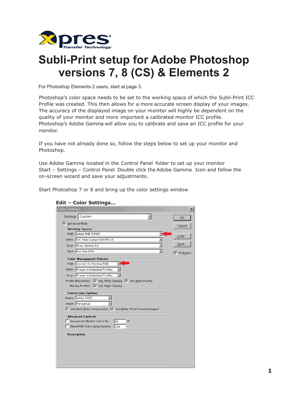 Xpres Subli-Print Epson 1290: Adobe Photoshop 7, CS & Elements 2 instructions (applicable for all other sublimation printers) User Manual | 4 pages