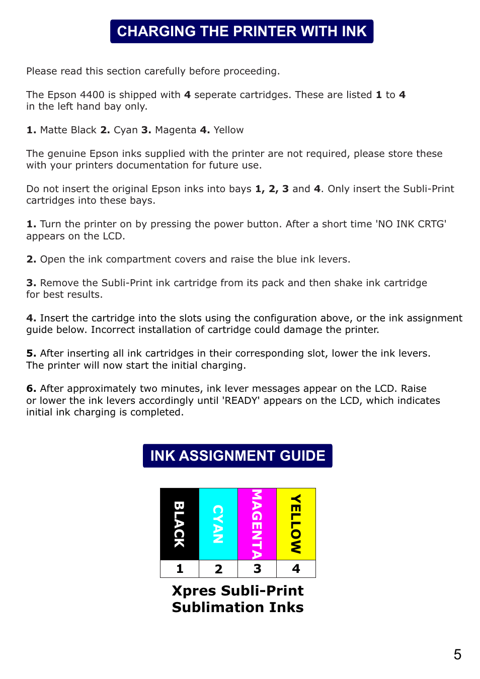 Charging the printer with ink, Ink assignment guide, Xpres subli-print sublimation inks | Xpres Subli-Print Epson 4450 Pro: Manual User Manual | Page 7 / 13