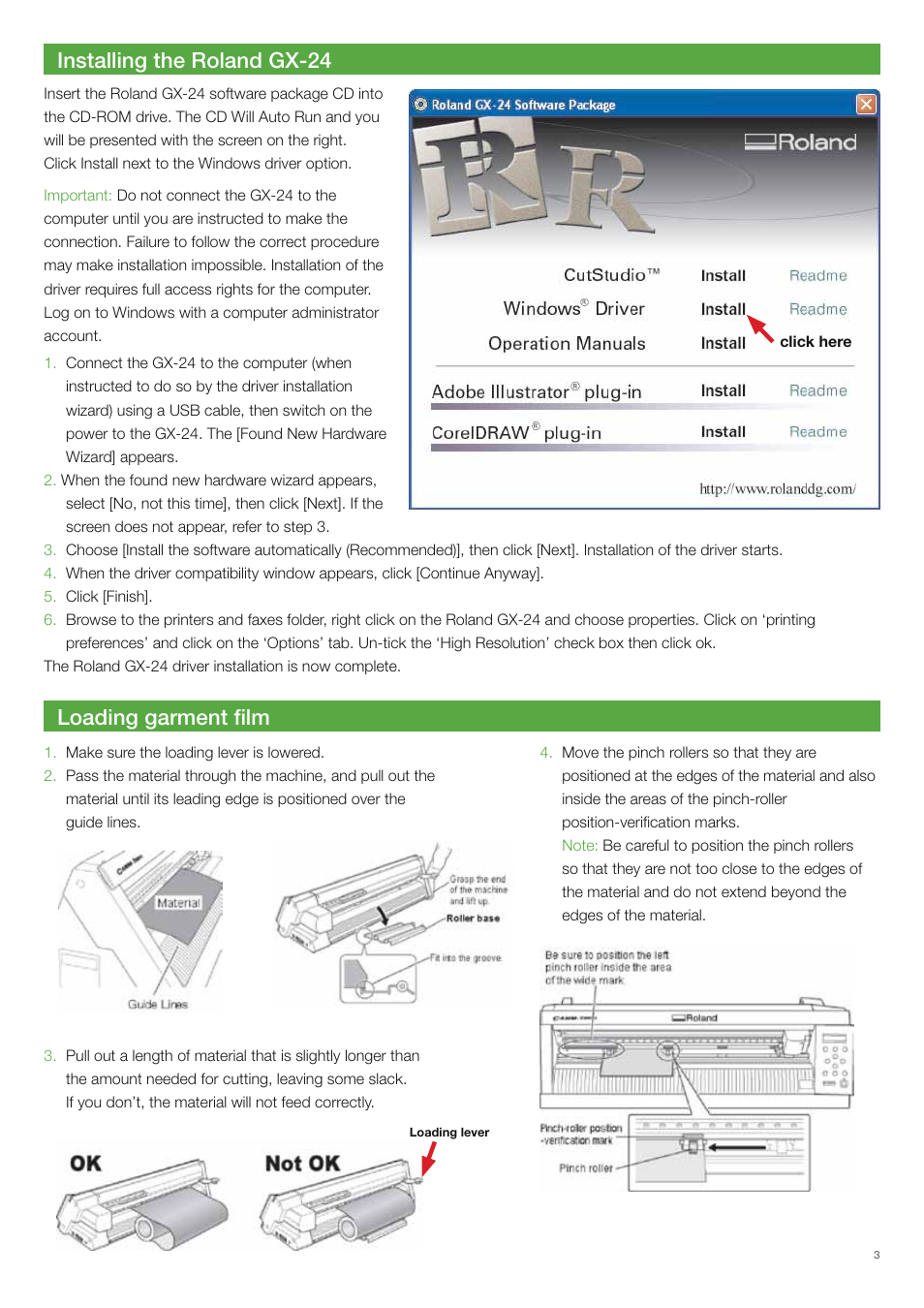 Installing the roland gx-24, Loading garment film | Xpres Cut Plus: Ultragraphics Roland GX-24 Manual User Manual | Page 3 / 16