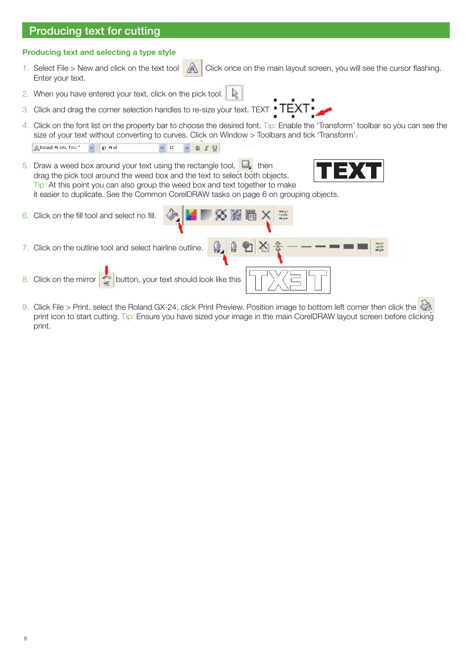 Producing text for cutting | Xpres Cut Plus: Ultragraphics Roland GX-24 Manual User Manual | Page 8 / 16