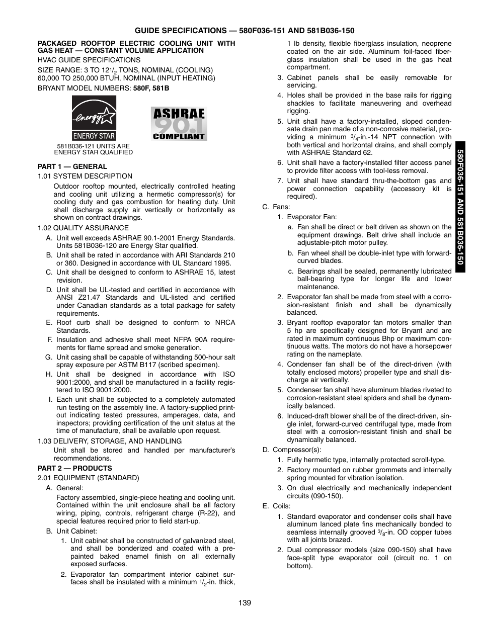 Guide specifications — 580f036-151 and 581b036-150, Guide specifications (036-151 size units) -143 | Bryant 581A/B User Manual | Page 139 / 268