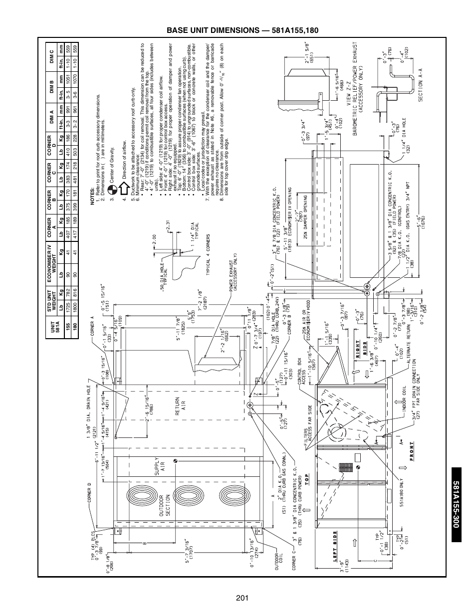 Base unit dimensions, 581a155,180, Base unit dimensions ,202 | Bryant 581A/B User Manual | Page 201 / 268