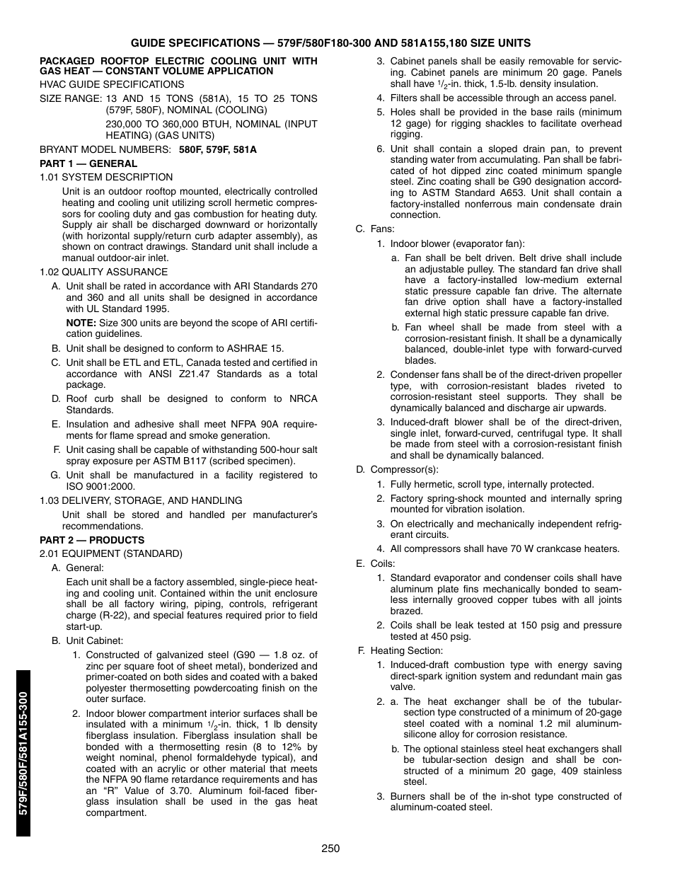 579f/580f180-300 and 581a155,180, Guide specifications (155-300 size units) -258 | Bryant 581A/B User Manual | Page 250 / 268