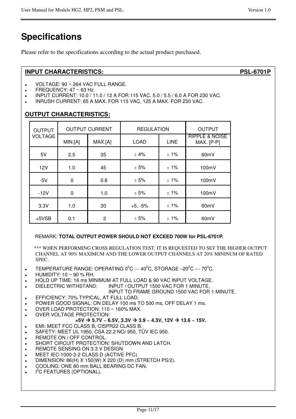 Specifications, Output characteristics | Zippy HG2-6400P User Manual | Page 11 / 17