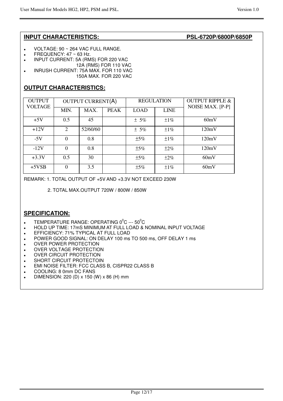 Output characteristics, Specification | Zippy HG2-6400P User Manual | Page 12 / 17