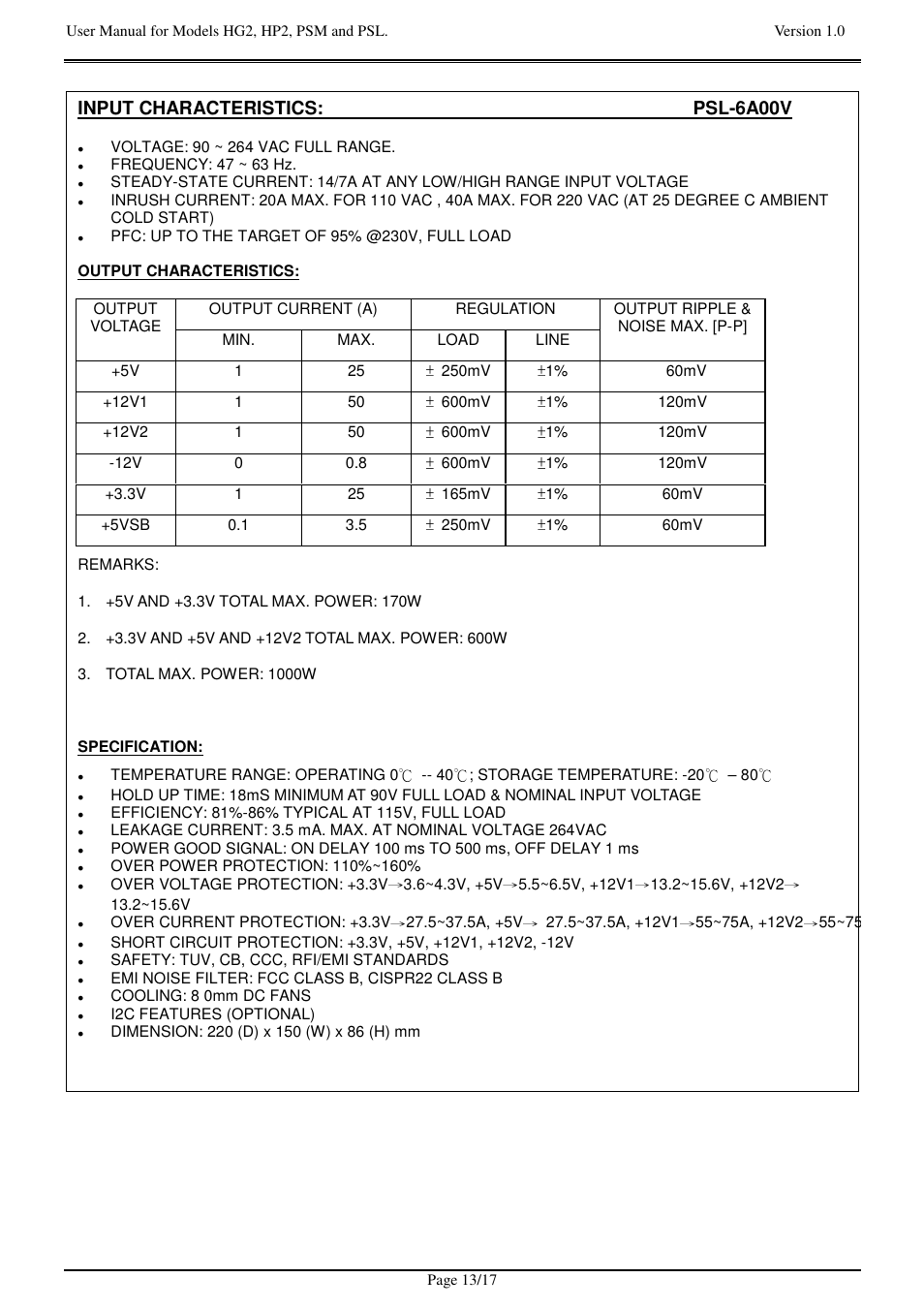 Input characteristics: psl-6a00v | Zippy HG2-6400P User Manual | Page 13 / 17