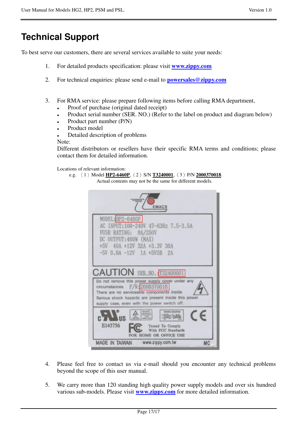 Technical support | Zippy HG2-6400P User Manual | Page 17 / 17
