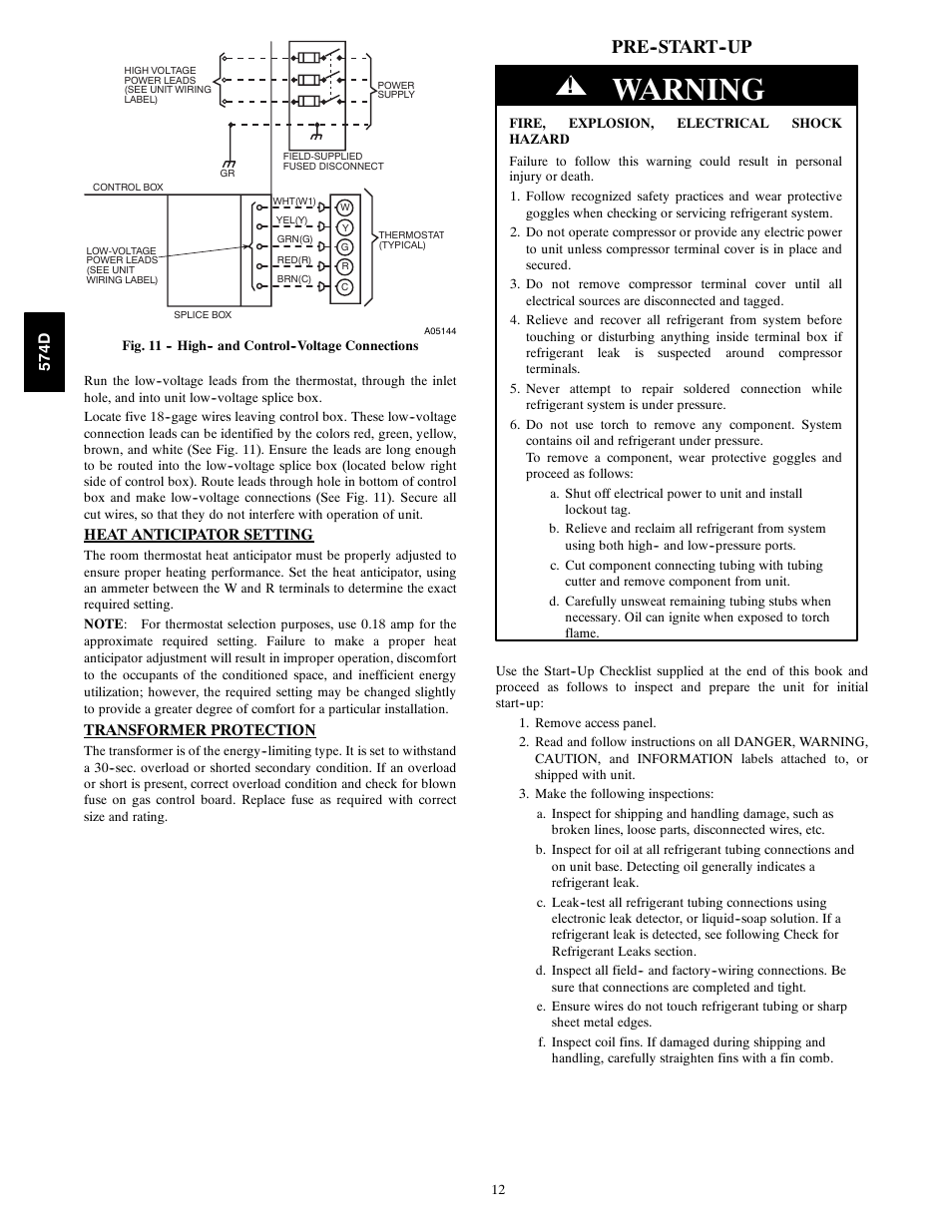 Warning, Pre--start--up | Bryant 574D User Manual | Page 12 / 32