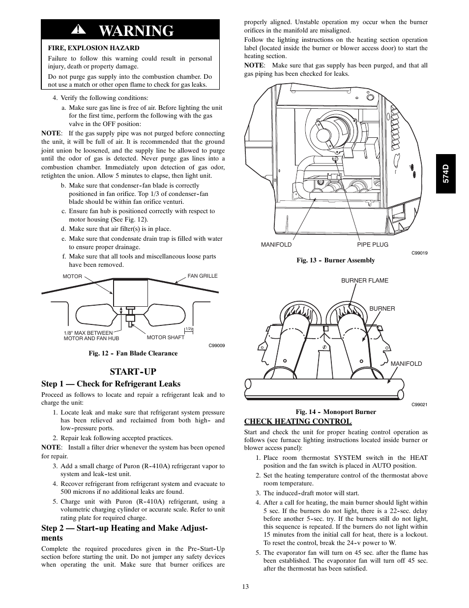 Warning, Start--up, Step 1 — check for refrigerant leaks | Step 2 — start--up heating and make adjust- ments | Bryant 574D User Manual | Page 13 / 32