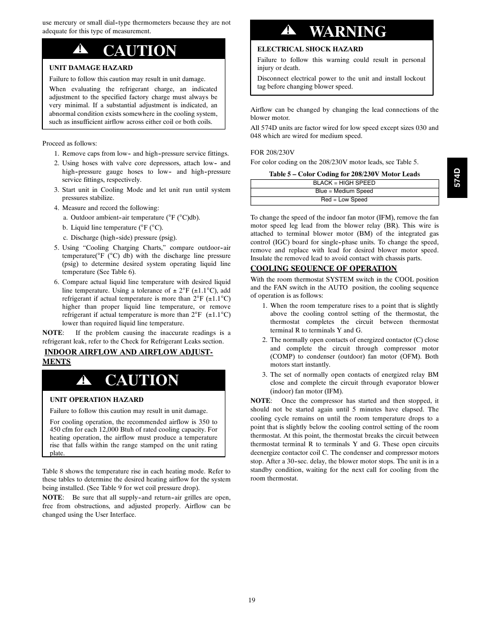 Caution, Warning | Bryant 574D User Manual | Page 19 / 32