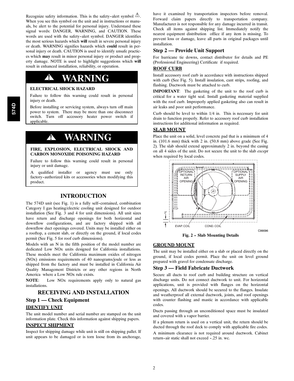 Warning, Introduction, Receiving and installation | Step 1 — check equipment, Step 2 — provide unit support, Step 3 — field fabricate ductwork | Bryant 574D User Manual | Page 2 / 32