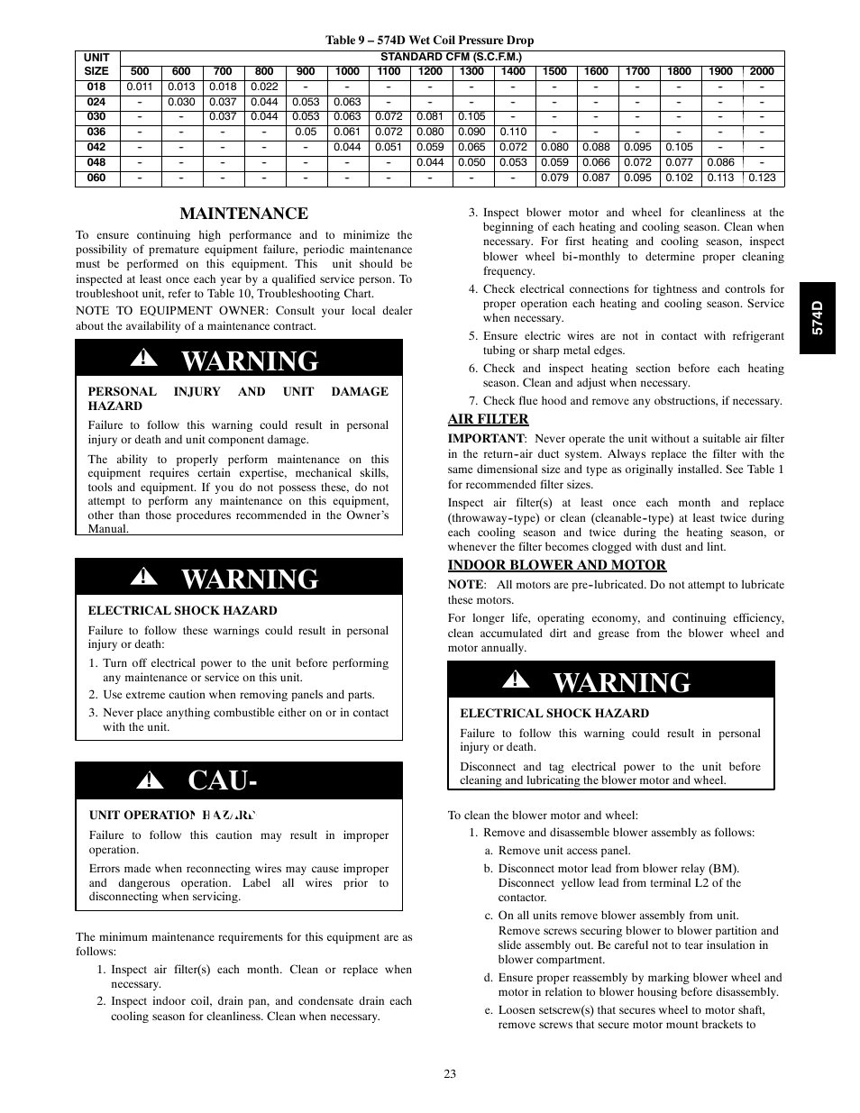 Warning, Cau- tion, Maintenance | Bryant 574D User Manual | Page 23 / 32