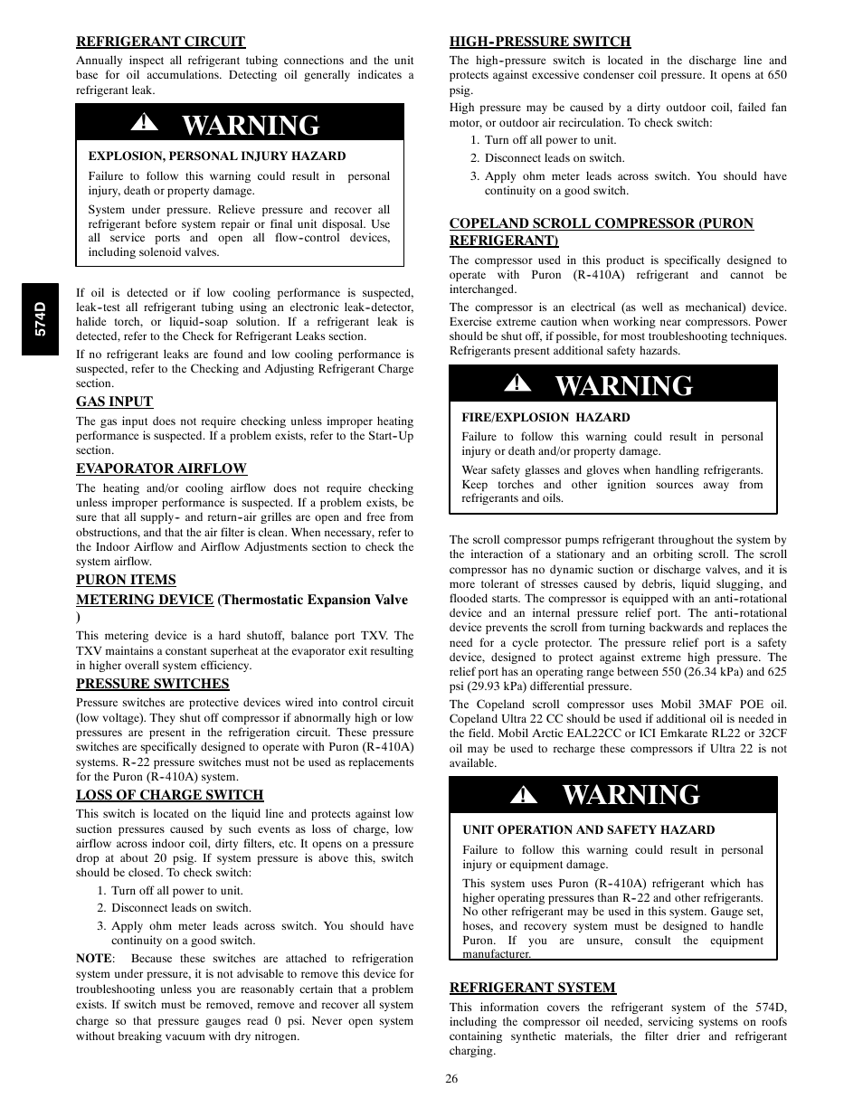 Warning | Bryant 574D User Manual | Page 26 / 32