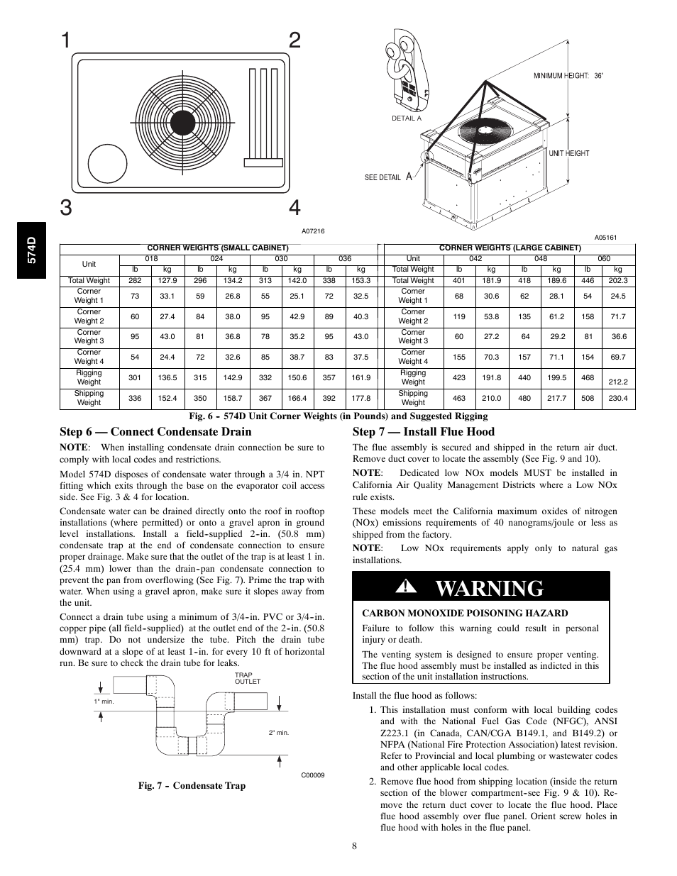 Warning, Step 6 — connect condensate drain, Step 7 — install flue hood | 574d | Bryant 574D User Manual | Page 8 / 32