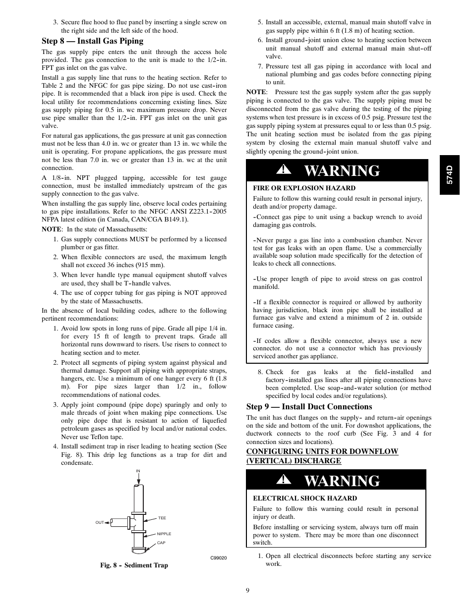 Warning, Step 8 — install gas piping, Step 9 — install duct connections | Bryant 574D User Manual | Page 9 / 32