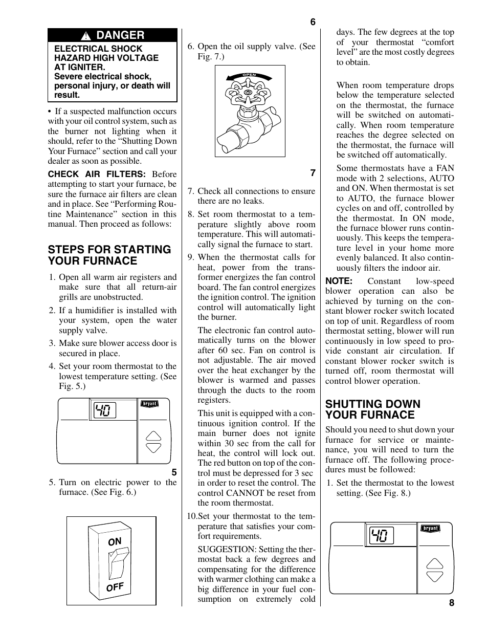 Steps for starting your furnace, Shutting down your furnace, Danger | Bryant 367AAN User Manual | Page 5 / 8