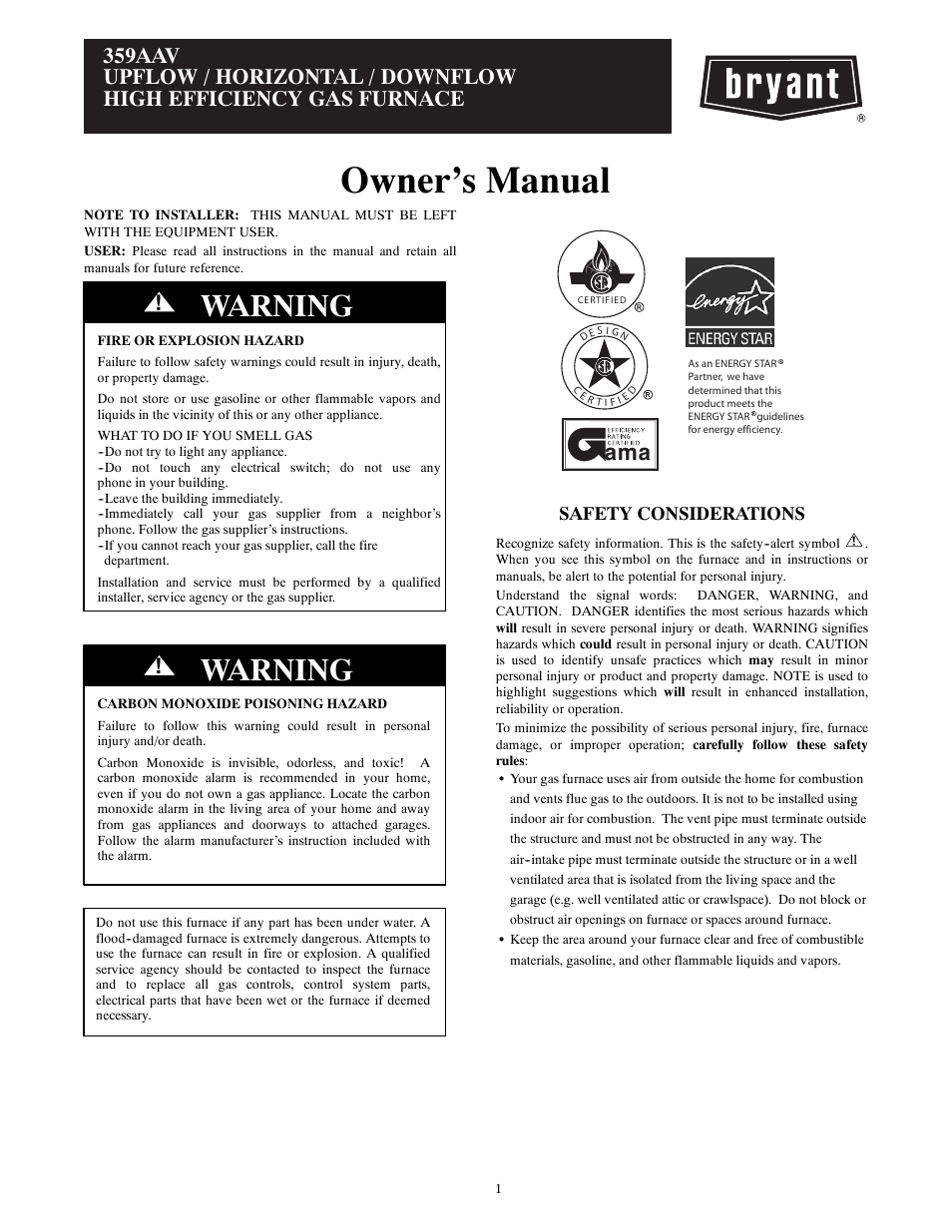 Bryant HIGH EFFICIENCY GAS FURNACE 359AAV User Manual | 8 pages
