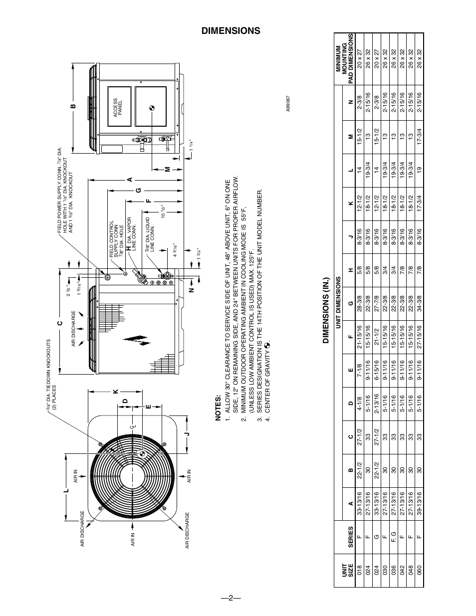 Dimensions, Dimensions (in.) | Bryant DE LUXE 12 SEER 552A User Manual | Page 2 / 36