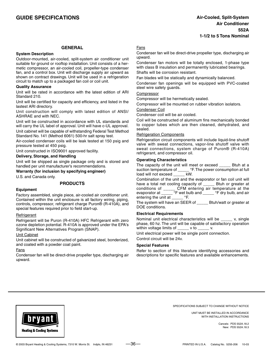 Guide specifications | Bryant DE LUXE 12 SEER 552A User Manual | Page 36 / 36