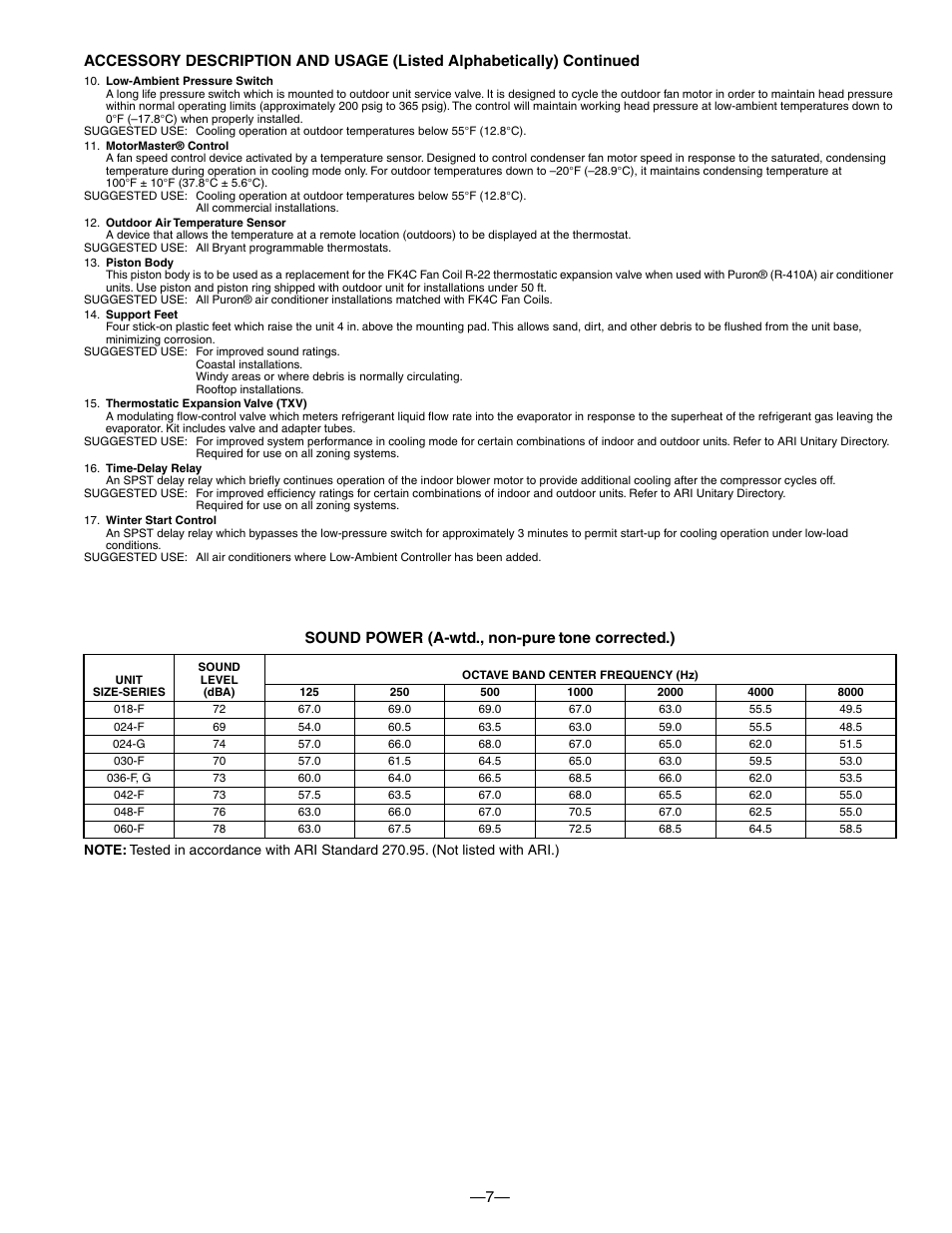 Sound power (a-wtd., non-pure tone corrected.) | Bryant DE LUXE 12 SEER 552A User Manual | Page 7 / 36