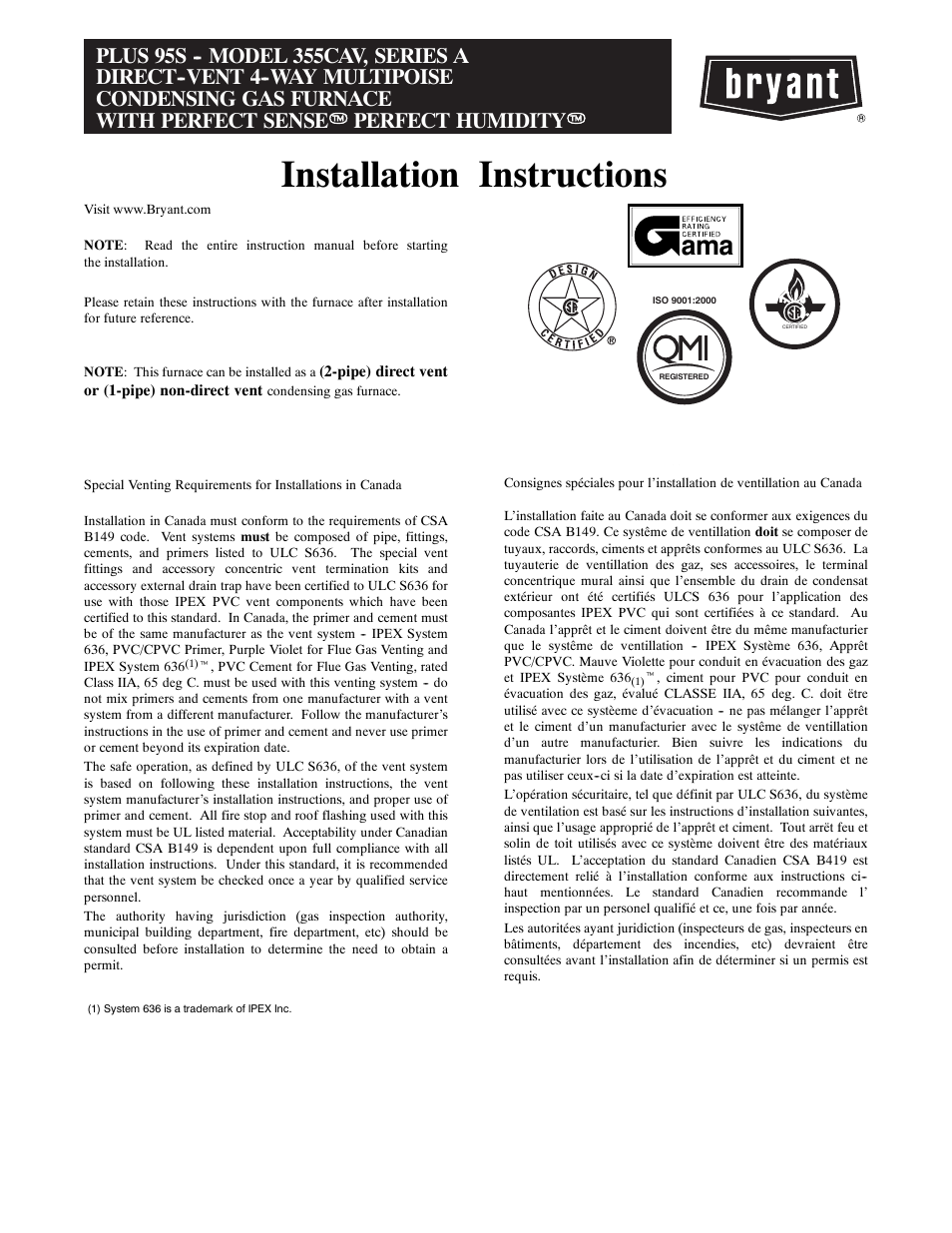 Bryant SERIES A 355CAV User Manual | 62 pages