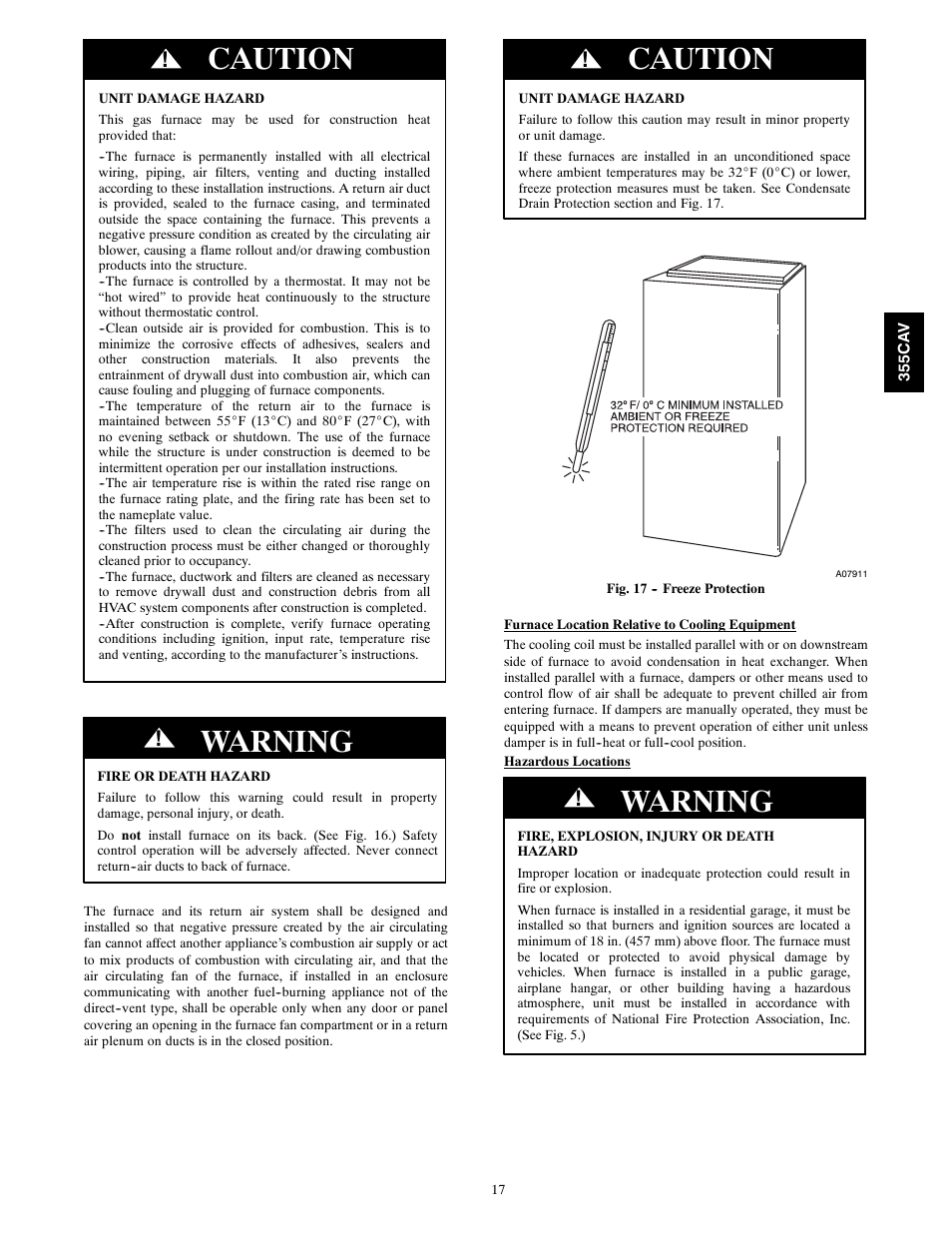 Caution, Warning | Bryant SERIES A 355CAV User Manual | Page 17 / 62