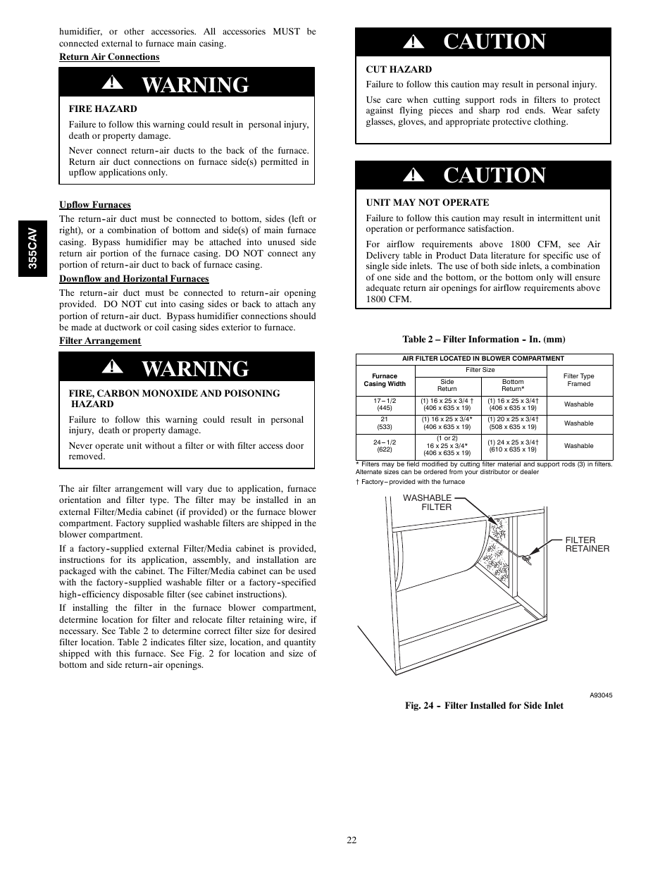 Warning, Caution | Bryant SERIES A 355CAV User Manual | Page 22 / 62
