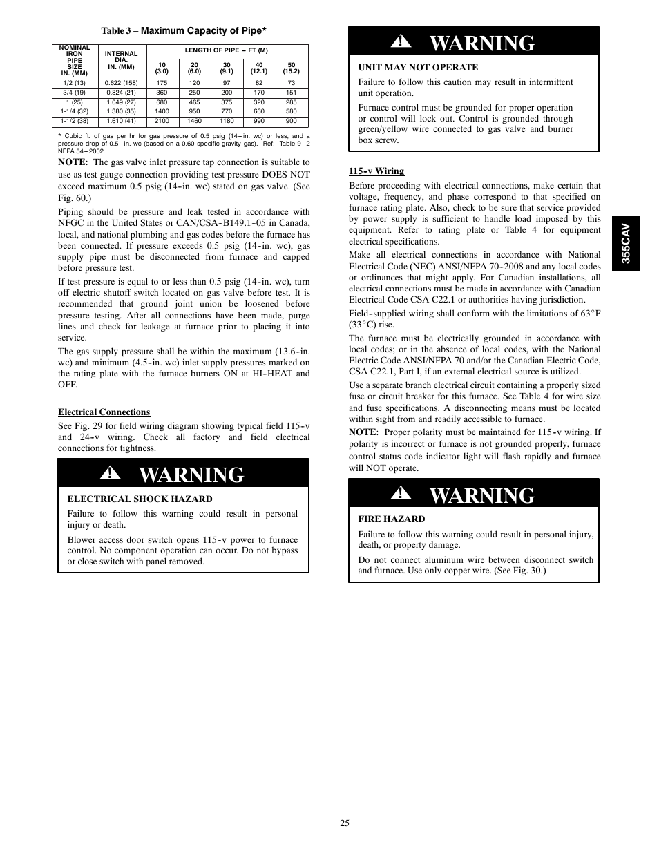 Warning | Bryant SERIES A 355CAV User Manual | Page 25 / 62