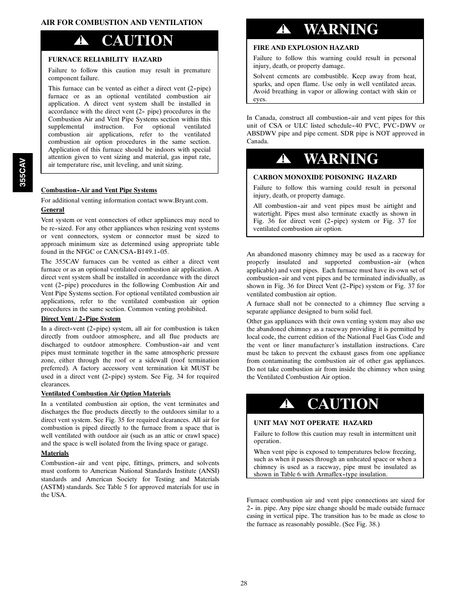 Caution, Warning | Bryant SERIES A 355CAV User Manual | Page 28 / 62
