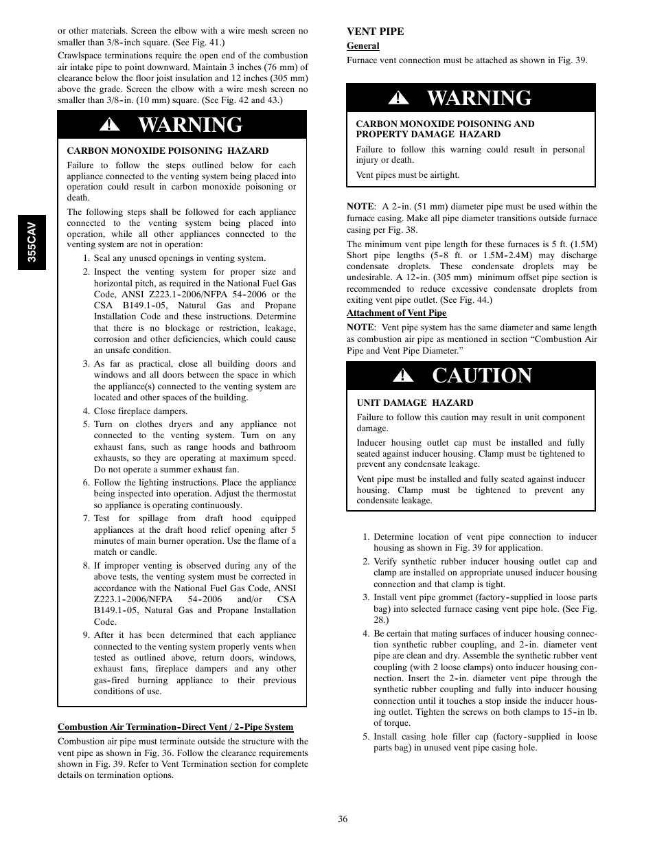 Warning, Caution | Bryant SERIES A 355CAV User Manual | Page 36 / 62