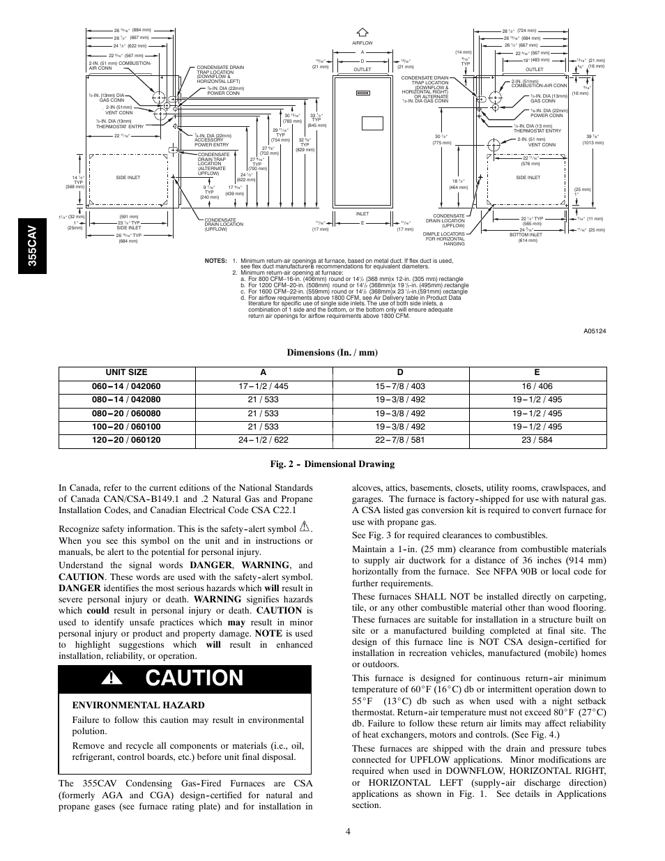 Caution, 355c a v, Dimensions (in. / mm) | Bryant SERIES A 355CAV User Manual | Page 4 / 62