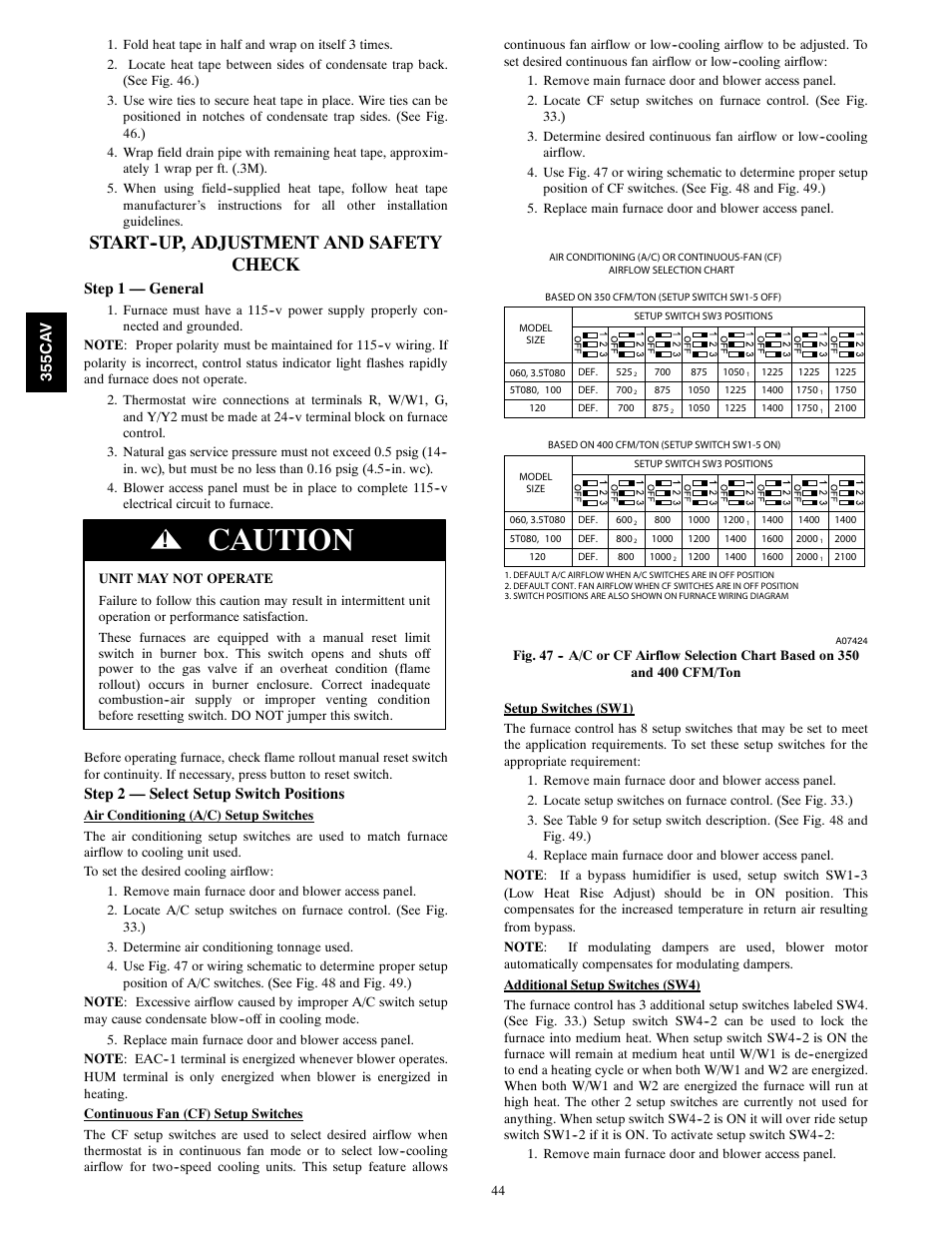 Caution, Start--up, adjustment and safety check, Step 1 — general | Step 2 — select setup switch positions, 355c a v | Bryant SERIES A 355CAV User Manual | Page 44 / 62