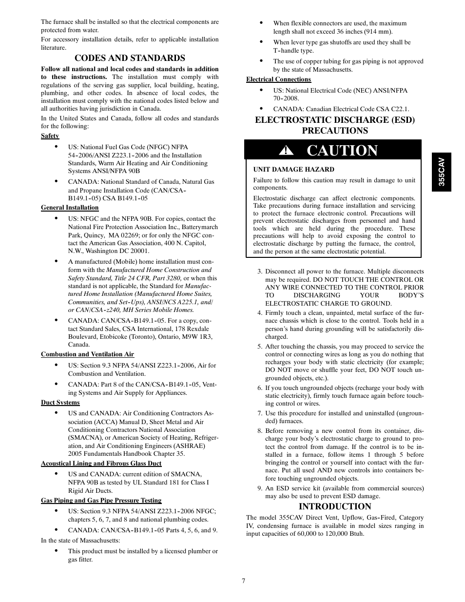 Caution, Codes and standards, Electrostatic discharge (esd) precautions | Introduction | Bryant SERIES A 355CAV User Manual | Page 7 / 62
