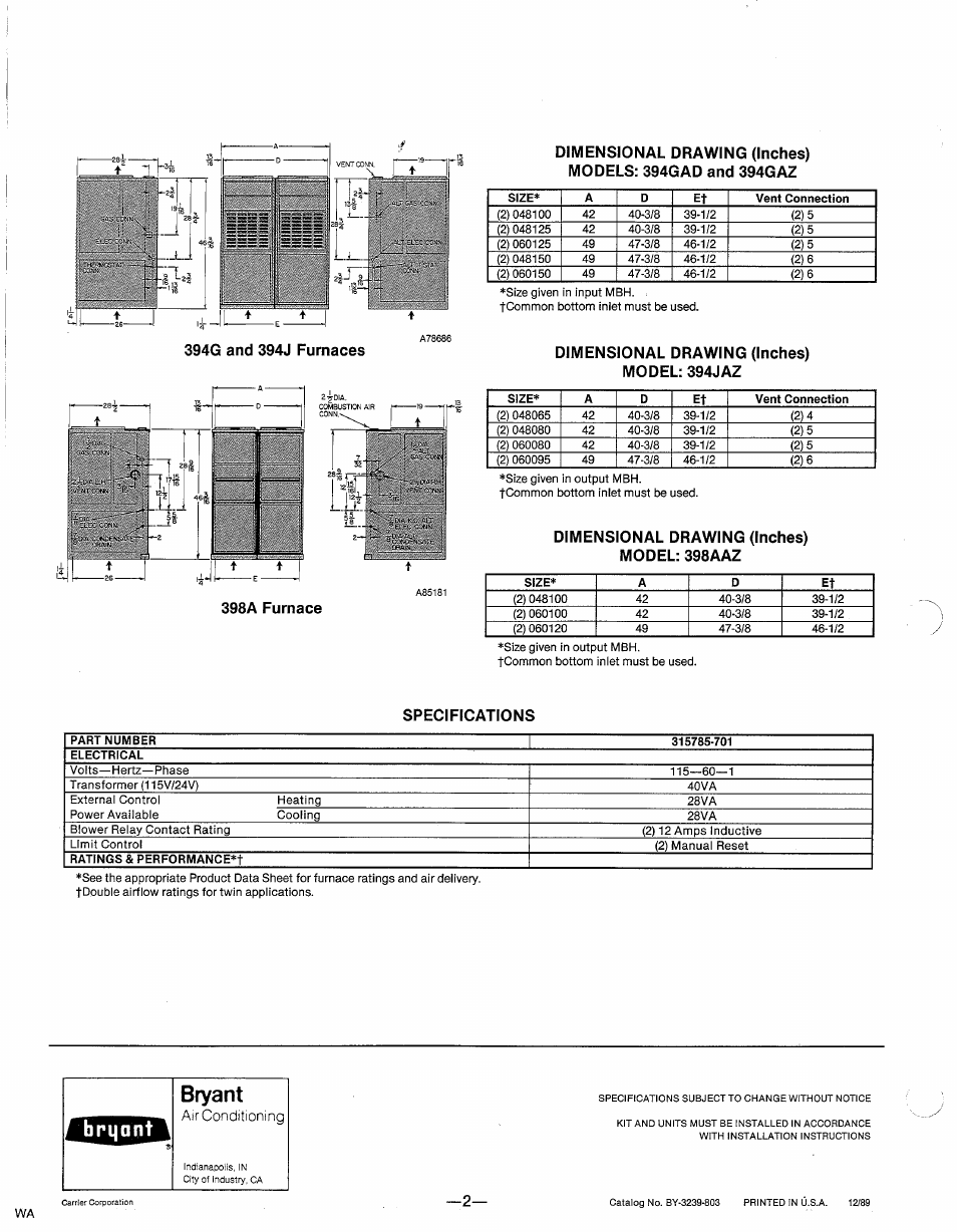 394g and 394j furnaces, Dimensional drawing (inches) model: 394jaz, Dimensional drawing (inches) model: 398aaz | Specifications, Bryant | Bryant 398AAZ User Manual | Page 2 / 2