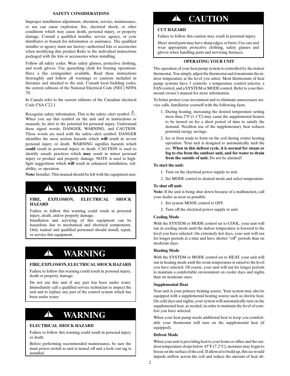 Warning, Caution | Bryant LEGACY 607C User Manual | Page 2 / 4