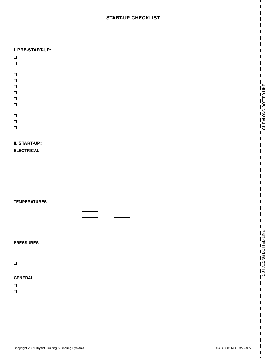 Start-up checklist | Bryant Durapac Plus Series 551a User Manual | Page 36 / 36