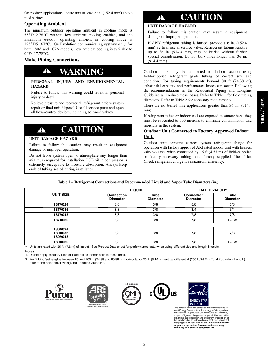 Warning caution, Caution, Operating ambient | Make piping connections | Bryant Air Conditeners 180A User Manual | Page 3 / 16