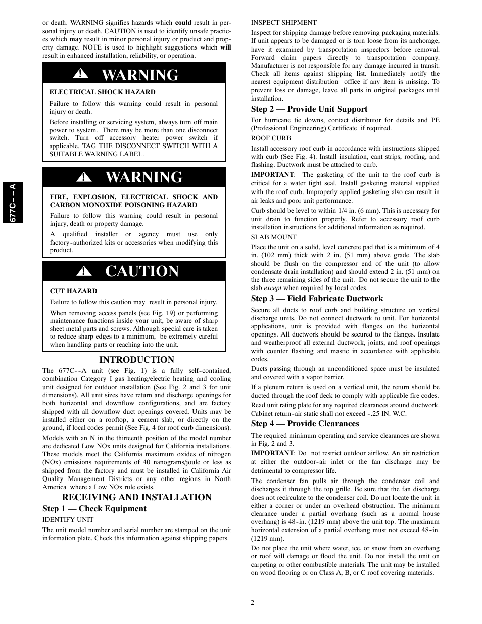 Warning, Caution, Introduction | Receiving and installation | Bryant 677C--A User Manual | Page 2 / 36