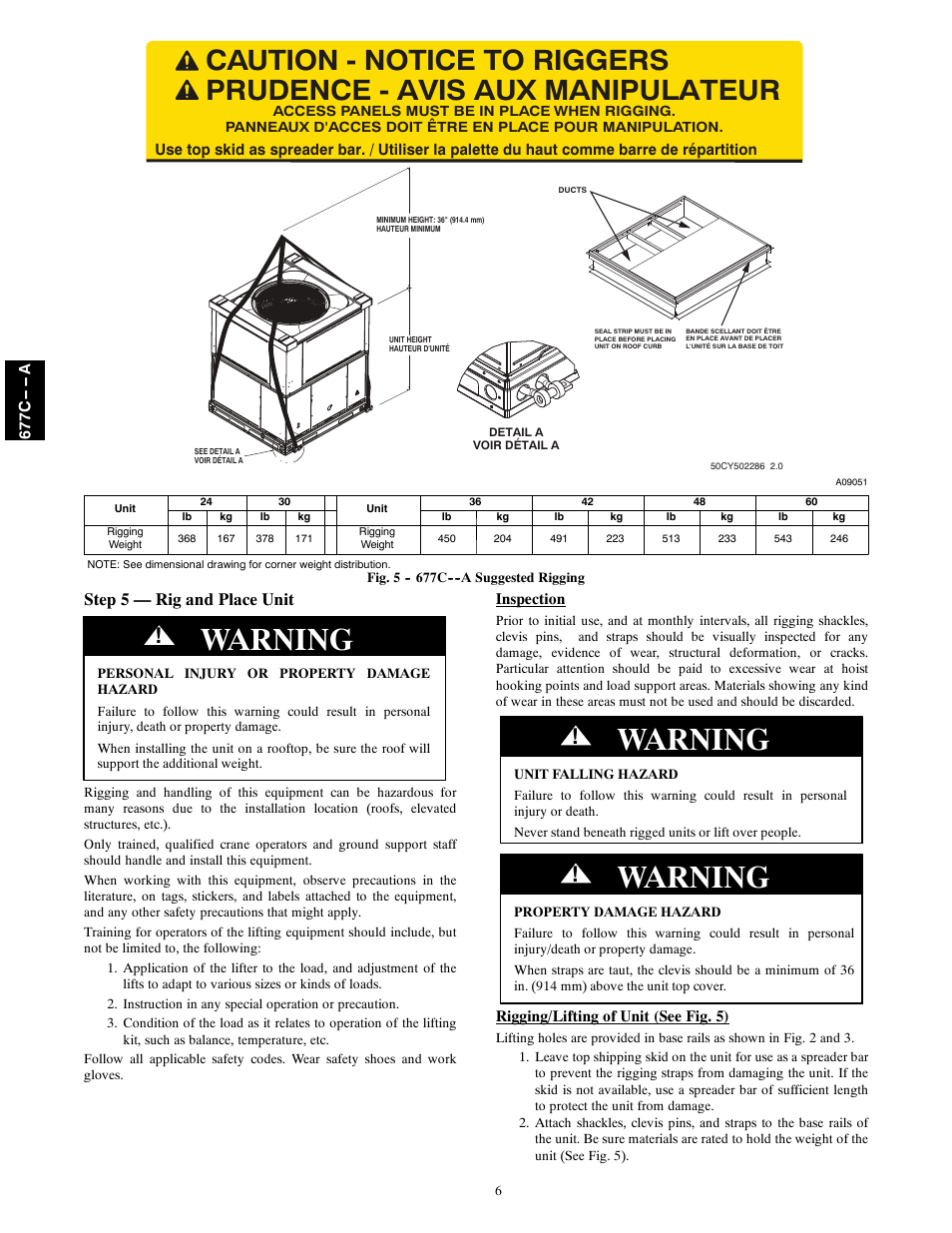 Warning, Step 5 — rig and place unit | Bryant 677C--A User Manual | Page 6 / 36