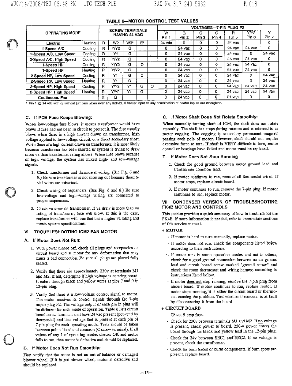 C. if pcb fuse keeps blowing, Vi. troubleshooting icm2 fan motor, A. if motor does not run | B. if motor does not run smoothly, C. if motor shaft does not rotate smoothly | Bryant FA4A User Manual | Page 13 / 30