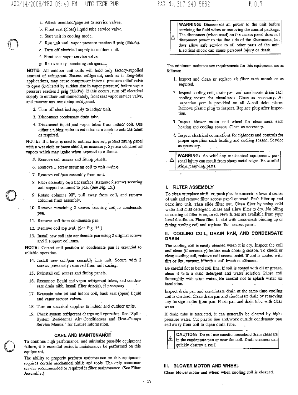 Care and maintenance, I. filter assembly, Ii. cooling coil, drain ran, and condensate drain | Iii. blower motor and wheel, Care and maintenance -ls, Blower motor and wheel | Bryant FA4A User Manual | Page 17 / 30